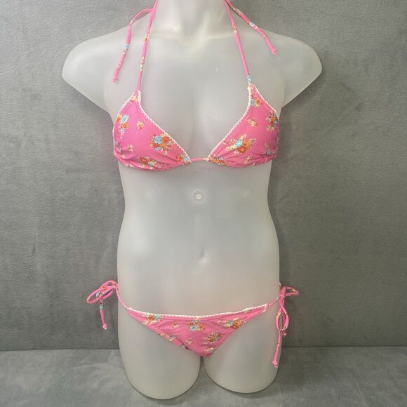 AGUA DOCE Brazilian 2-pc Bikini Size Small Pink Flowers Lace Trim Hip Tie - Picture 1 of 12